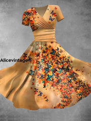 Women’s Vintage Butterfly Art Print Short Sleeve Casual Dress