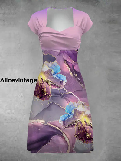 Women’s Vintage Butterfly Art Print V-Neck Midi Dress