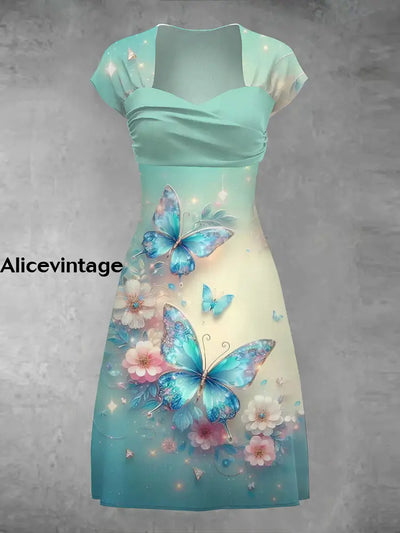 Women’s Vintage Butterfly Art Print V-Neck Midi Dress