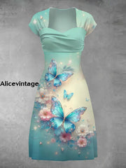 Women’s Vintage Butterfly Art Print V-Neck Midi Dress A / S