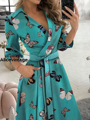 Women’s Vintage Butterfly Print V-Neck Long Sleeve Midi Dress