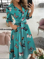 Women’s Vintage Butterfly Print V-Neck Long Sleeve Midi Dress A / S