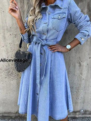 Women’s Vintage Casual High Waist Pocket Lapel Midi Dress Light Blue / S