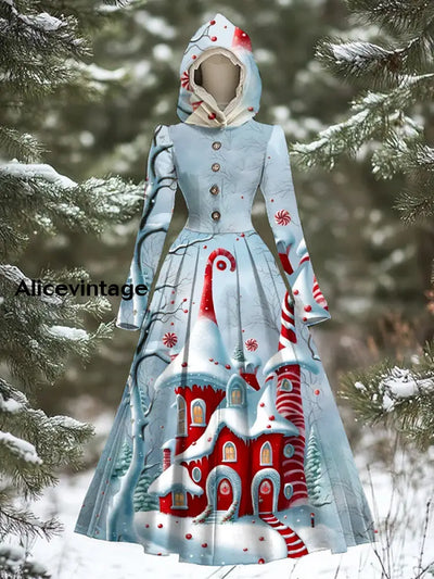 Women’s Vintage Christmas Art Print Long Sleeve 50S Elegant Fitted Hooded Midi Dress A / S