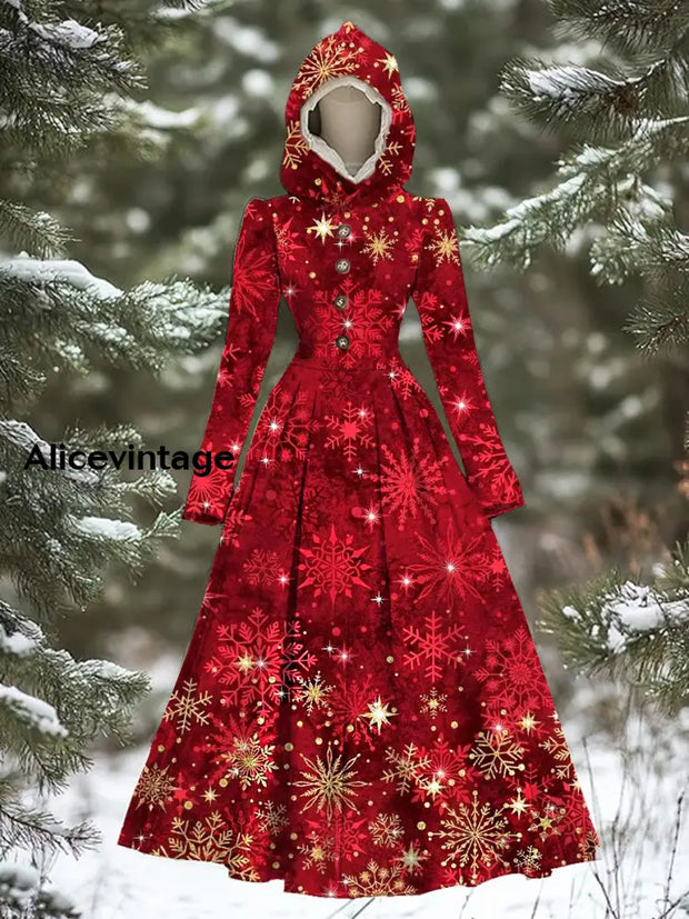 Women’s Vintage Christmas Art Print Long Sleeve 50S Elegant Fitted Hooded Midi Dress A / S