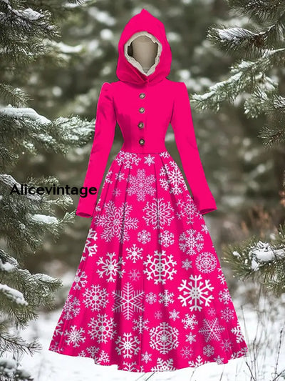 Women’s Vintage Christmas Art Print Long Sleeve 50S Elegant Fitted Hooded Midi Dress A / S