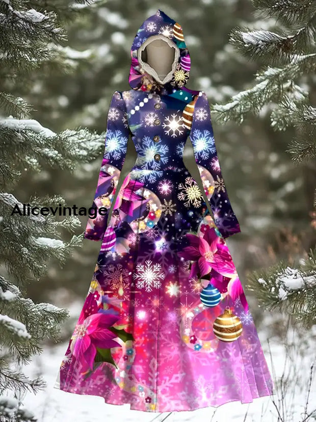 Women’s Vintage Christmas Art Print Long Sleeve 50S Elegant Fitted Hooded Midi Dress A / S