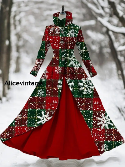 Women’s Vintage Christmas Art Print Stand Collar Long Sleeve 50S Elegant Fitted Midi Fake Two