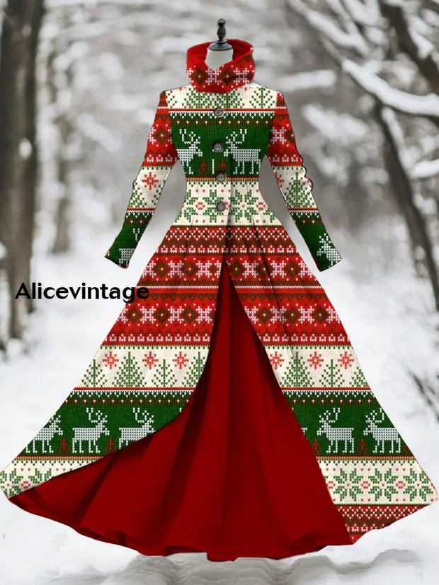 Women’s Vintage Christmas Art Print Stand Collar Long Sleeve 50S Elegant Fitted Midi Fake Two