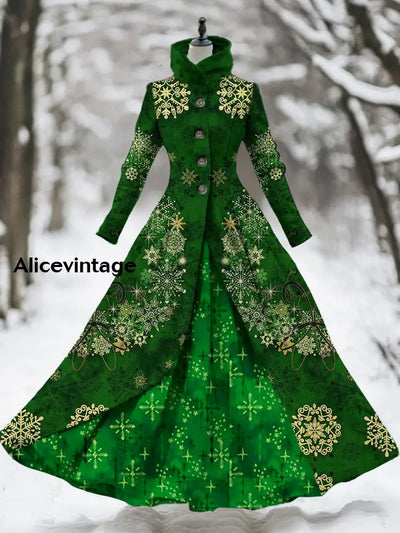 Women’s Vintage Christmas Art Printed Stand Collar Long Sleeve 50S Elegant Slim Midi Holiday Two