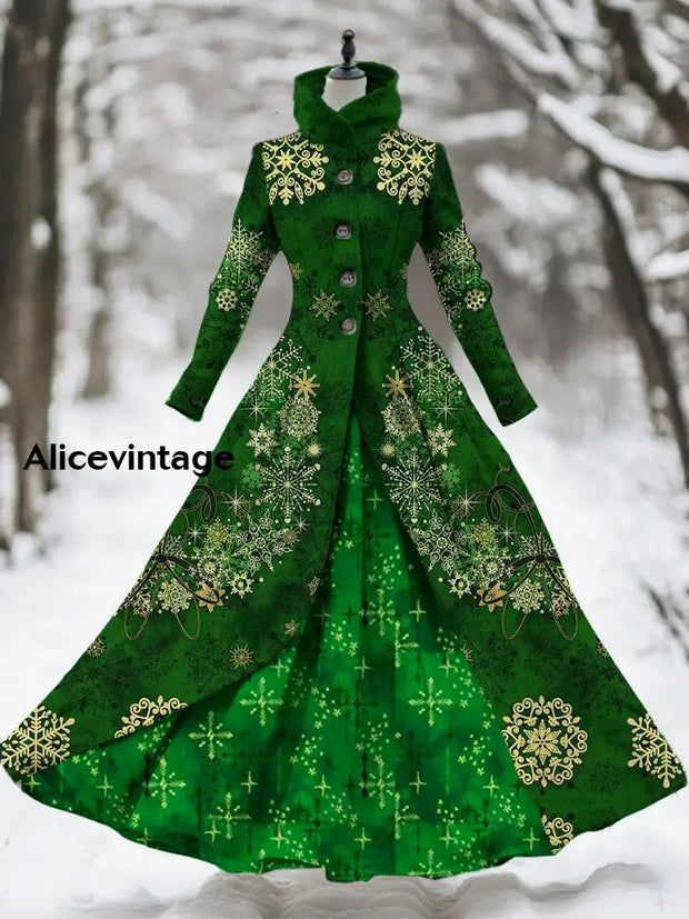 Women’s Vintage Christmas Art Printed Stand Collar Long Sleeve 50S Elegant Slim Midi Holiday Two