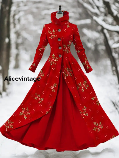 Women’s Vintage Christmas Art Printed Stand Collar Long Sleeve 50S Elegant Slim Midi Holiday Two