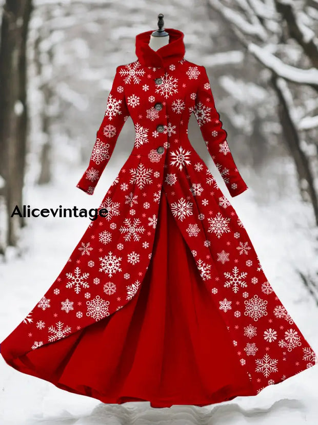 Women’s Vintage Christmas Art Printed Stand Collar Long Sleeve 50S Elegant Slim Midi Holiday Two