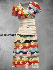 Women’s Vintage Colorful Floral Art Print V-Neck Midi Dress