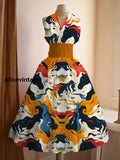 Women’s Vintage Derby Day Art Print V Neck Elegant Midi Dress A / S