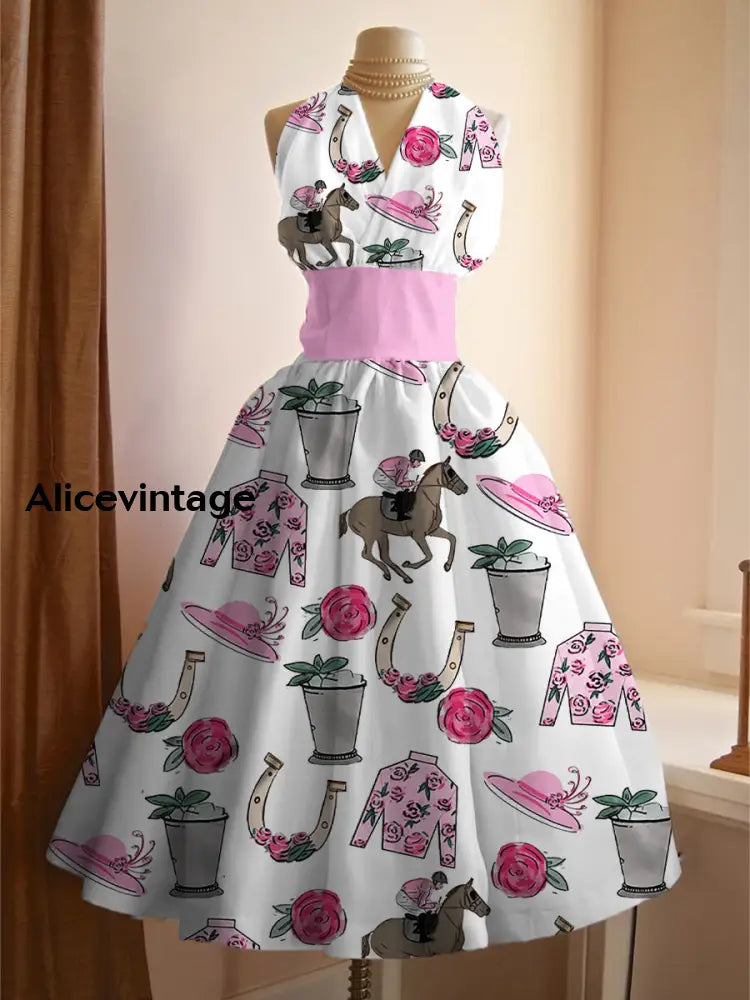 Women’s Vintage Derby Day Art Print V Neck Elegant Midi Dress A / S