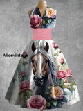 Women’s Vintage Derby Day Art Print V Neck Elegant Midi Dress A / S