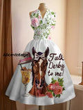 Women’s Vintage Derby Day Art Print V Neck Elegant Midi Dress A / S