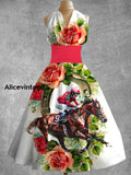 Women’s Vintage Derby Day Art Print V Neck Elegant Midi Dress A / S