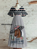 Women’s Vintage Derby Day Art Print V Neck Short Sleeve Elegant Midi Dress A / S