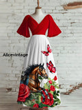 Women’s Vintage Derby Day Art Print V Neck Short Sleeve Elegant Midi Dress A / S