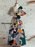Women’s Vintage Derby Day Art Print V Neck Short Sleeve Elegant Midi Dress A / S
