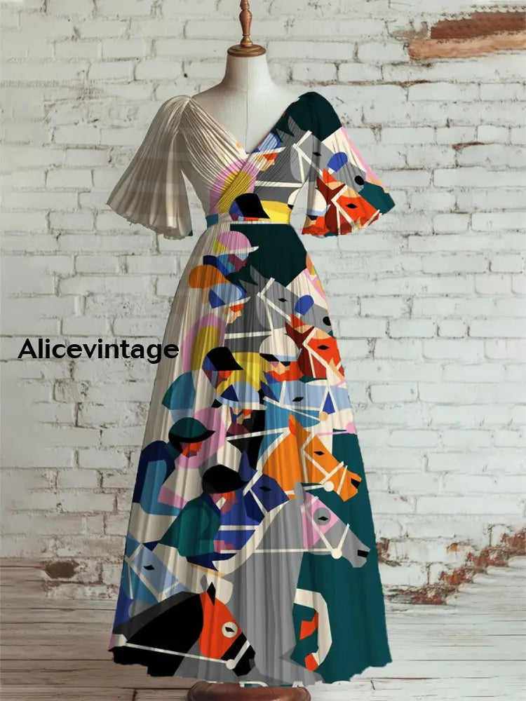 Women’s Vintage Derby Day Art Print V Neck Short Sleeve Elegant Midi Dress A / S