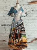 Women’s Vintage Derby Day Art Print V Neck Short Sleeve Elegant Midi Dress A / S