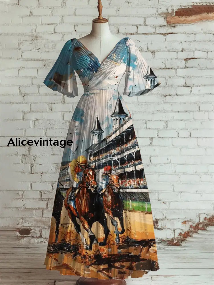 Women’s Vintage Derby Day Art Print V Neck Short Sleeve Elegant Midi Dress A / S