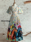 Women’s Vintage Derby Day Art Print V Neck Short Sleeve Elegant Midi Dress A / S