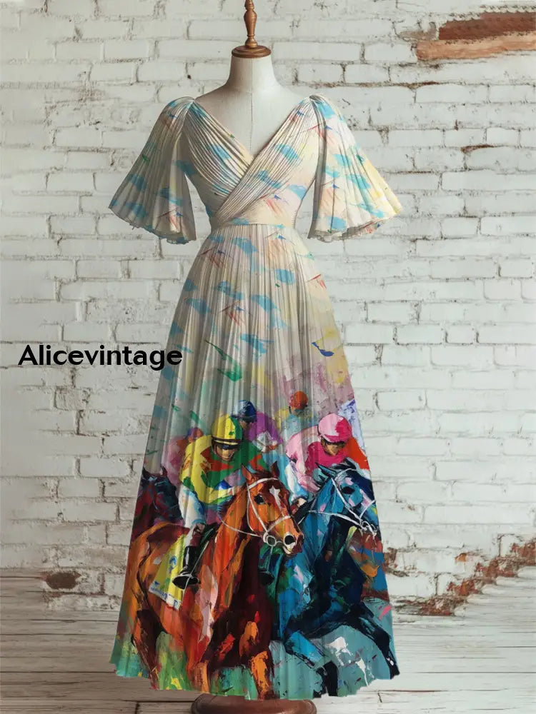 Women’s Vintage Derby Day Art Print V Neck Short Sleeve Elegant Midi Dress A / S