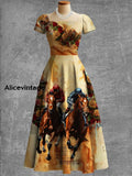 Women’s Vintage Derby horses Art Print V Neck Elegant Midi Dress A / S