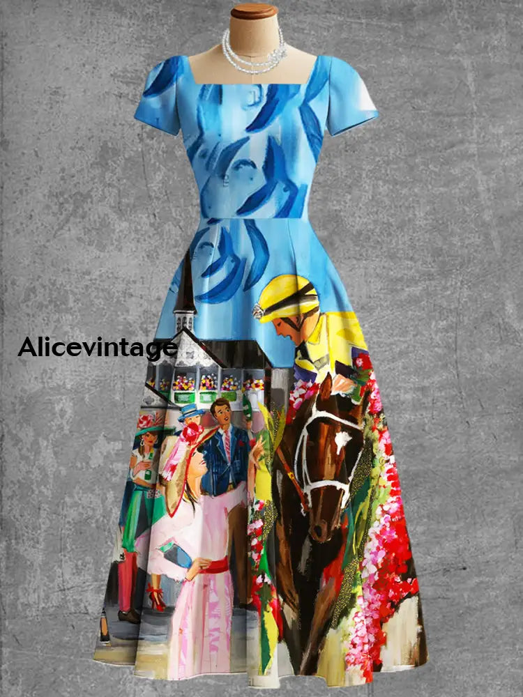 Women’s Vintage Derby horses Art Print V Neck Elegant Midi Dress A / S