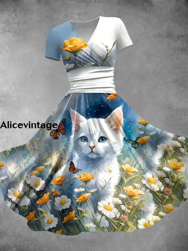 Women’s Vintage Floral And Cat Art Print V-Neck Maxi Dress