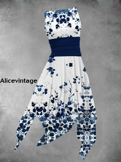 Women’s Vintage Floral Art Print Crew Neck Midi Dress