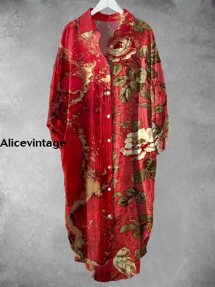 Women’s Vintage Floral Art Print Crew Neck Shirt Midi Skirt A / S