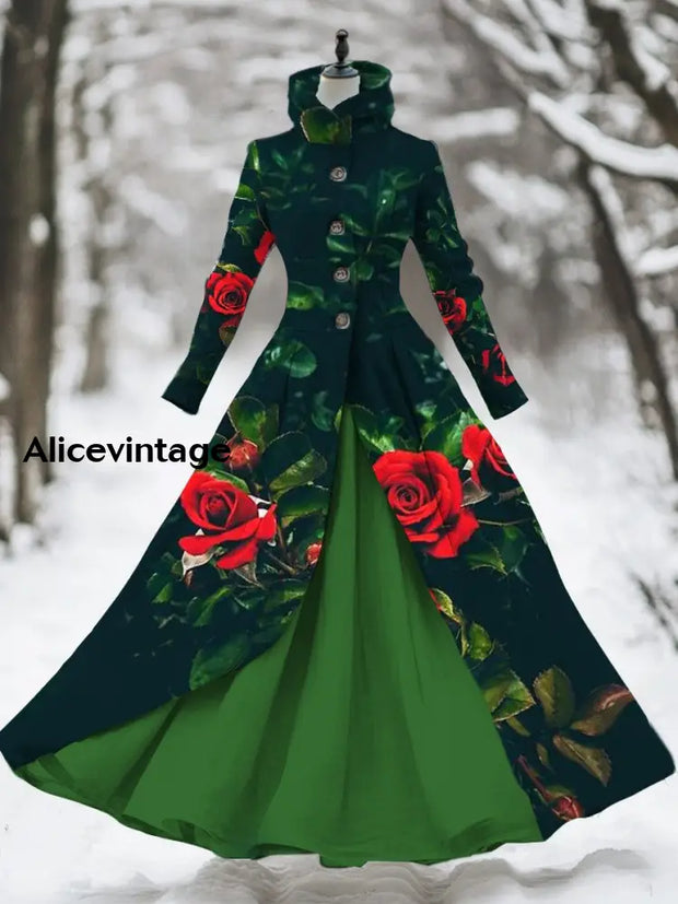 Women’s Vintage Floral Art Print Stand Collar Long Sleeve 50S Elegant Fitted Midi Fake Two Piece