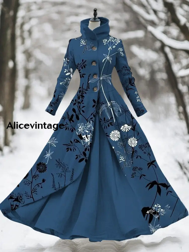 Women’s Vintage Floral Art Print Stand Collar Long Sleeve 50S Elegant Fitted Midi Fake Two Piece