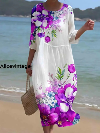 Women’s Vintage Floral Art Print V Neck Maxi Dress