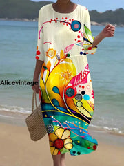 Women’s Vintage Floral Art Print V Neck Maxi Dress