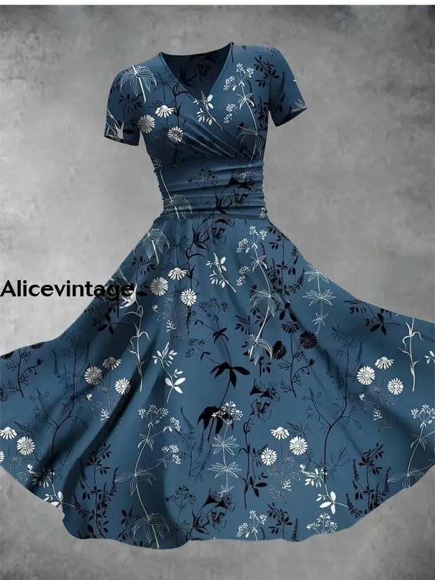 Women’s Vintage Floral Art Print V Neck Maxi Dress