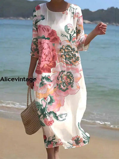 Women’s Vintage Floral Art Print V Neck Maxi Dress