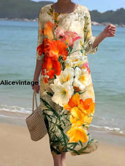 Women’s Vintage Floral Art Print V Neck Maxi Dress