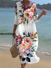 Women’s Vintage Floral Art Print V Neck Maxi Dress