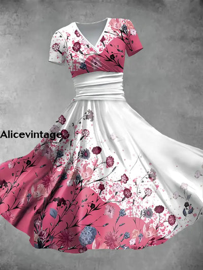 Women’s Vintage Floral Art Print V-Neck Midi Dress