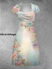 Women’s Vintage Floral Art Print V-Neck Midi Dress