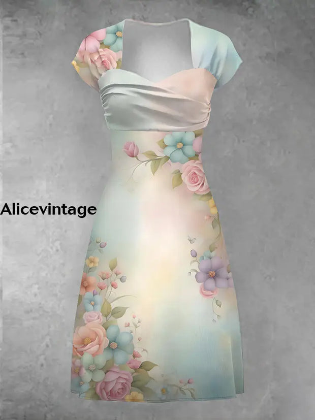 Women’s Vintage Floral Art Print V-Neck Midi Dress