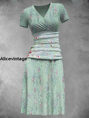 Women’s Vintage Floral Art Print V-Neck Midi Dress