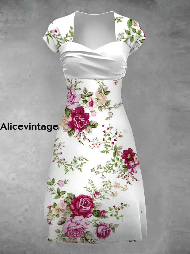 Women’s Vintage Floral Art Print V-Neck Midi Dress