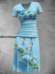 Women’s Vintage Floral Art Print V-Neck Midi Dress